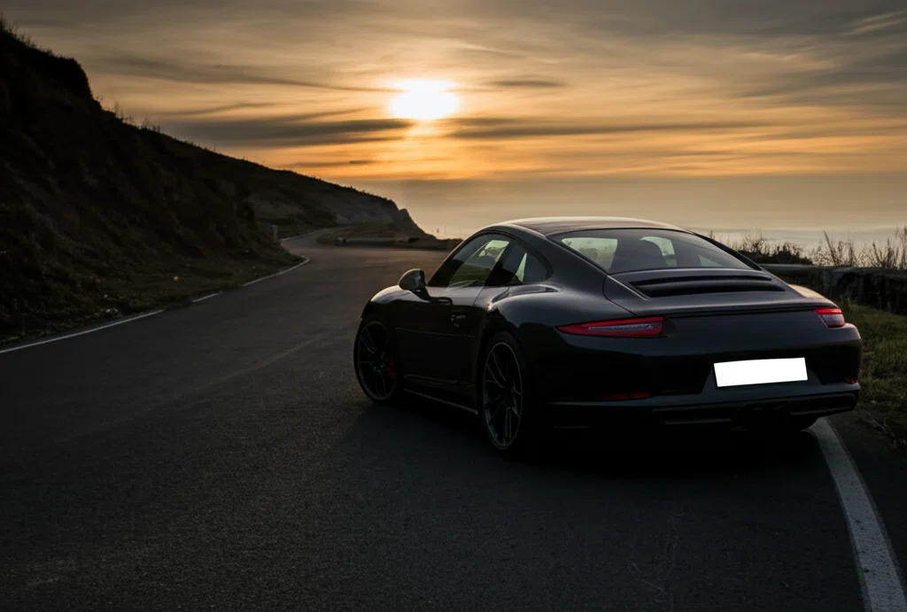 ポルシェと夕日のシルエット