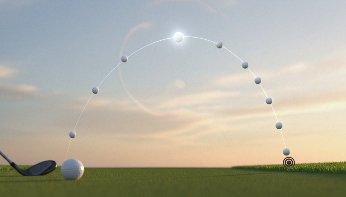 ゴルフボールの弾道と最高到達点を示す軌道図