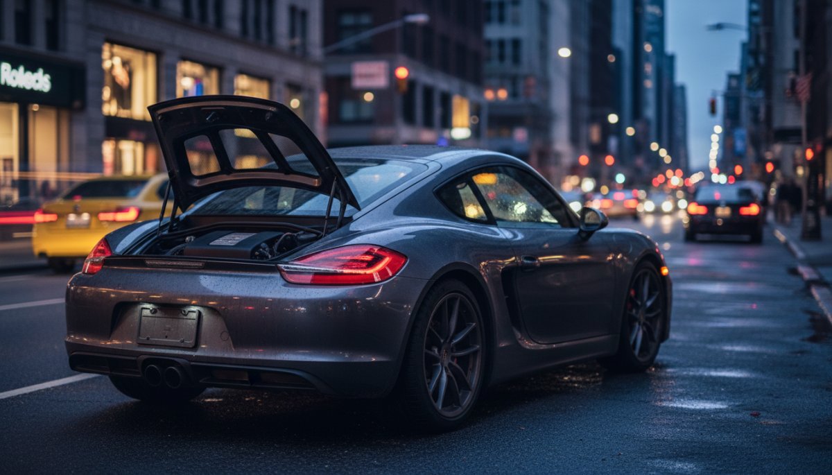 ポルシェ ケイマンのリアビュー、エンジンルームとエキゾーストシステム