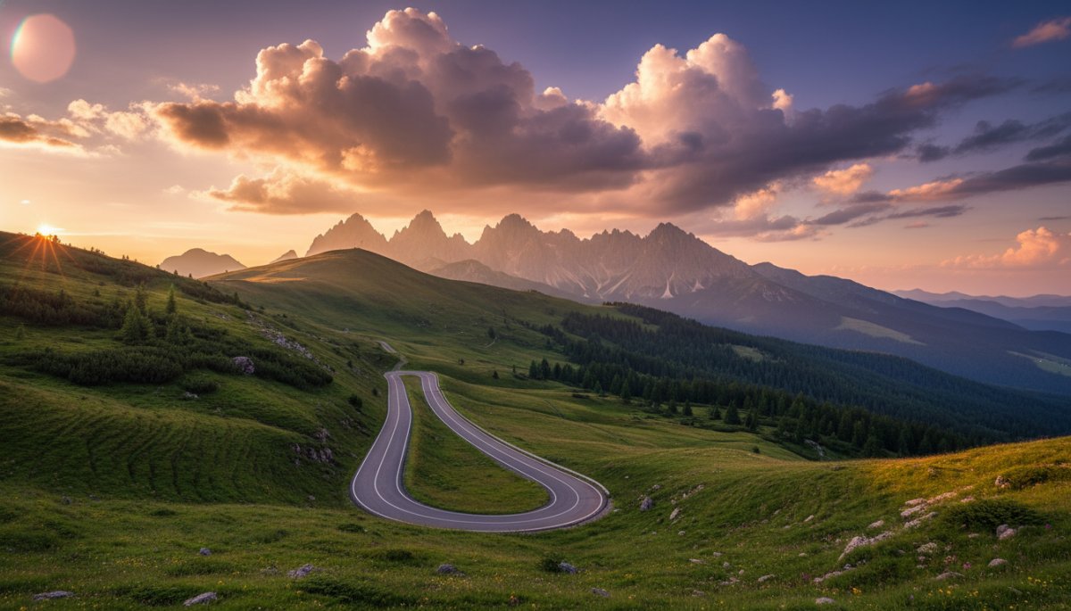 ポルシェ ケイマンで山道をドライブ、ワインディングロードの風景