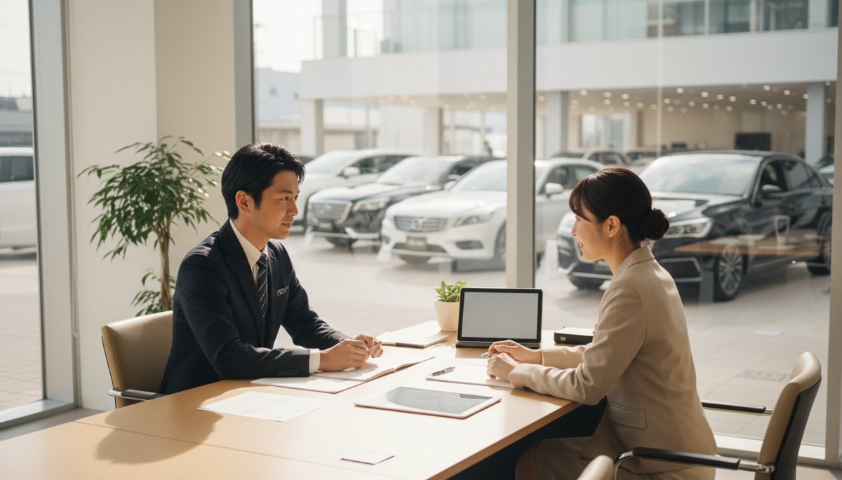 残クレアルファード契約書類とディーラー商談風景