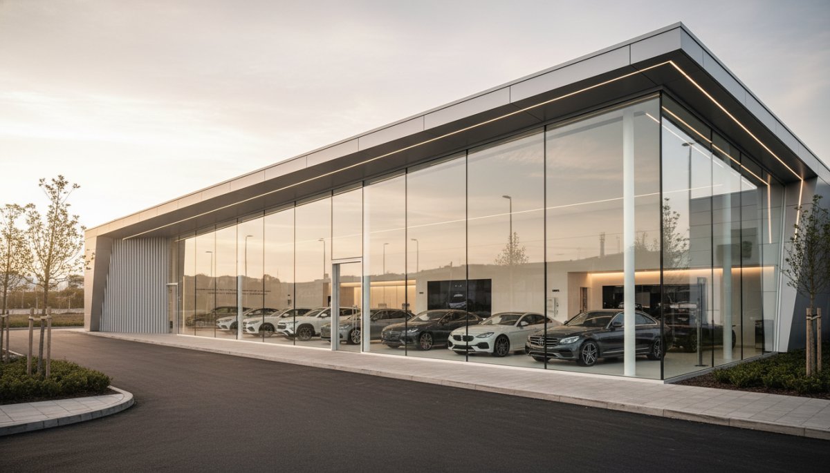 トヨタディーラー店舗外観とアルファード展示