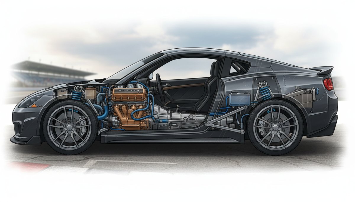 ポルシェケイマンのミッドシップエンジンレイアウト構造図