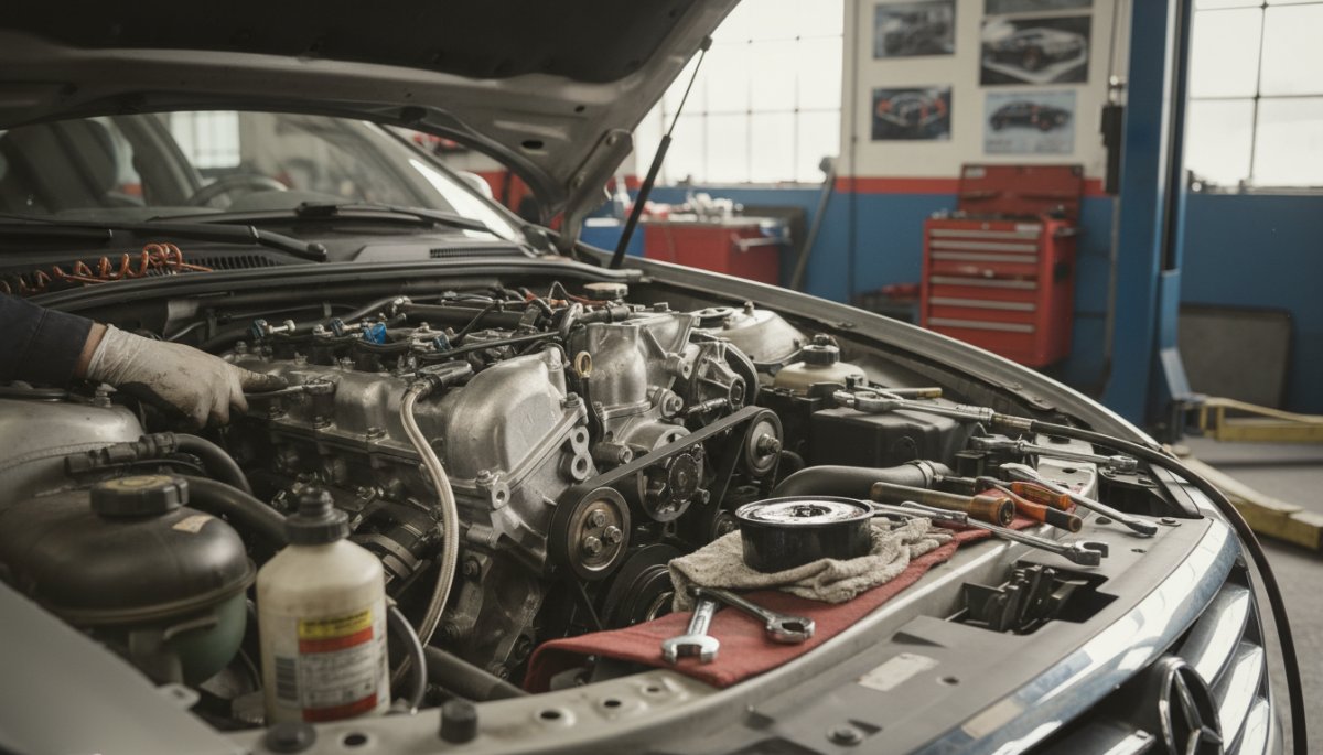 ポルシェケイマンのエンジンオイル交換作業風景