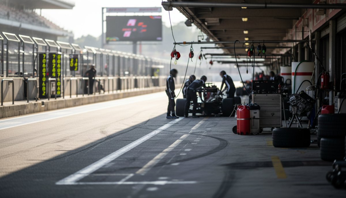 サーキットのピットエリアと走行準備中の車両