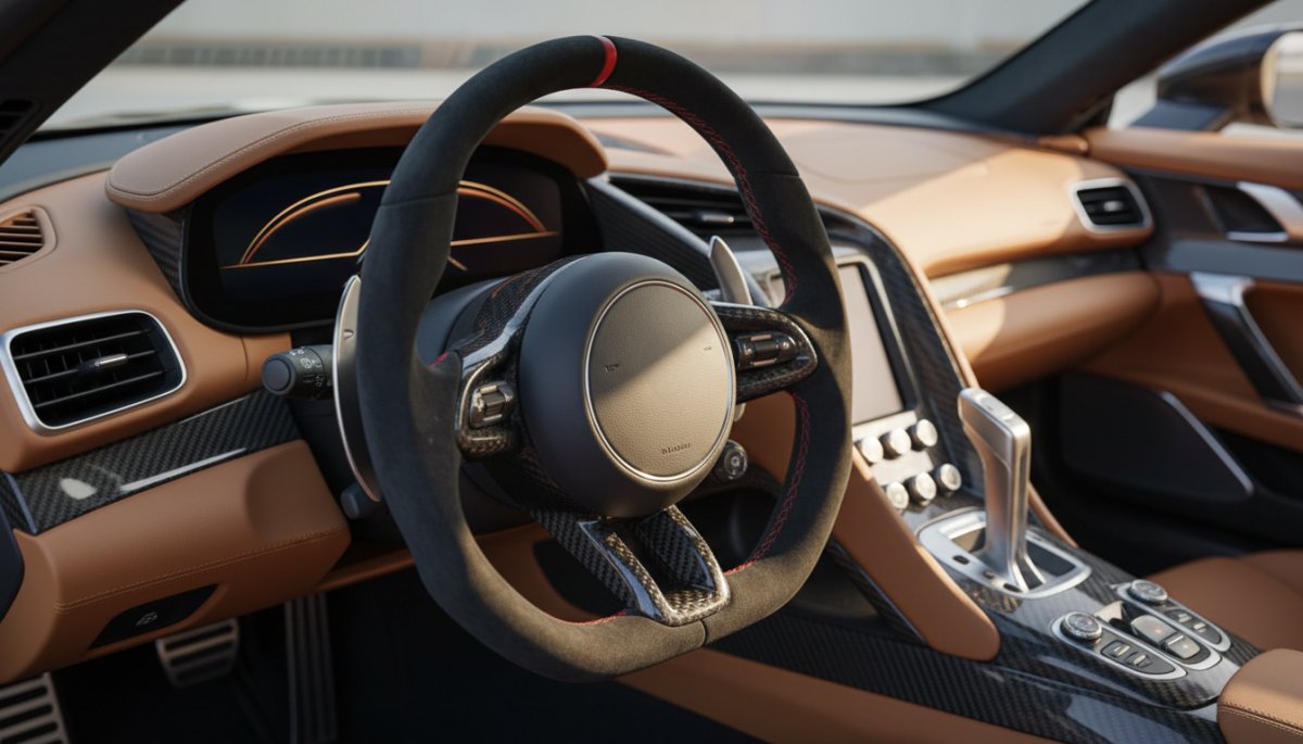 ケイマンのコクピットとステアリングホイール詳細
