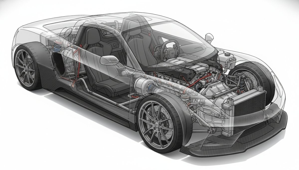 ポルシェ ケイマン ミッドシップエンジンレイアウト 構造図