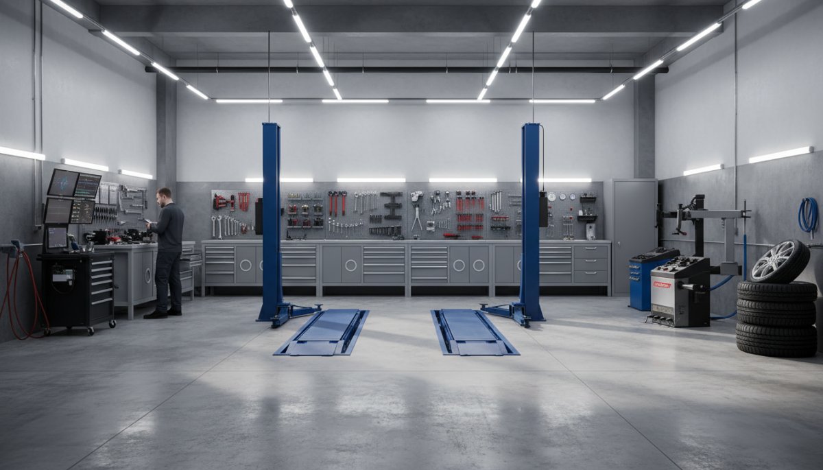 自動車整備工場での作業風景