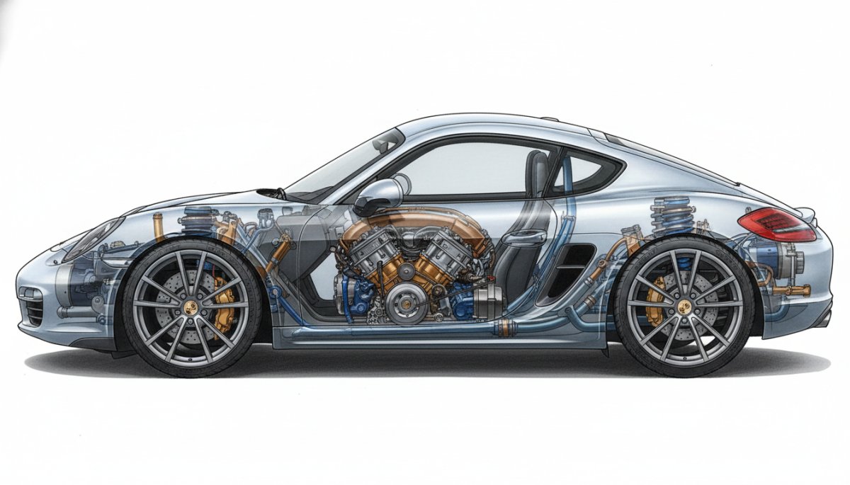 ポルシェケイマンのミッドシップエンジンレイアウト構造図