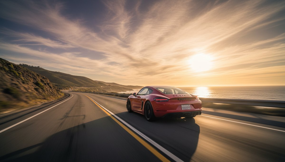 ポルシェケイマンで高速道路を走行する様子