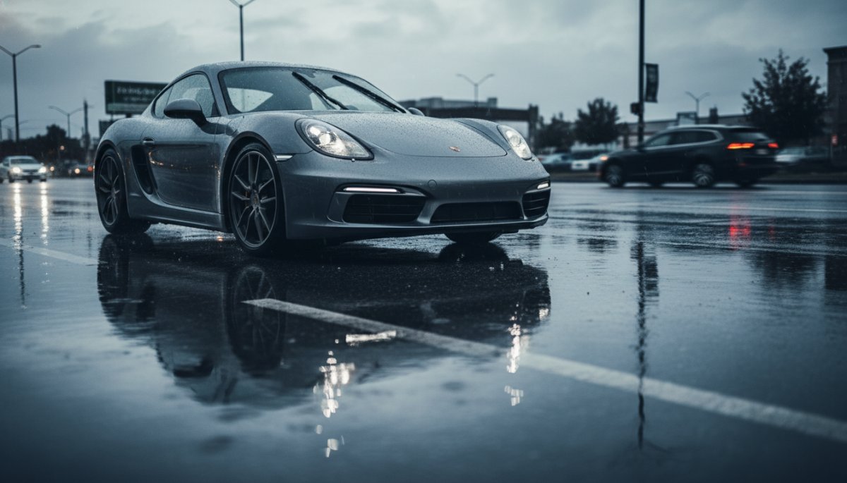 雨天時のポルシェケイマン走行イメージ