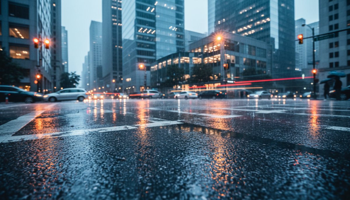雨天時の市街地交差点走行