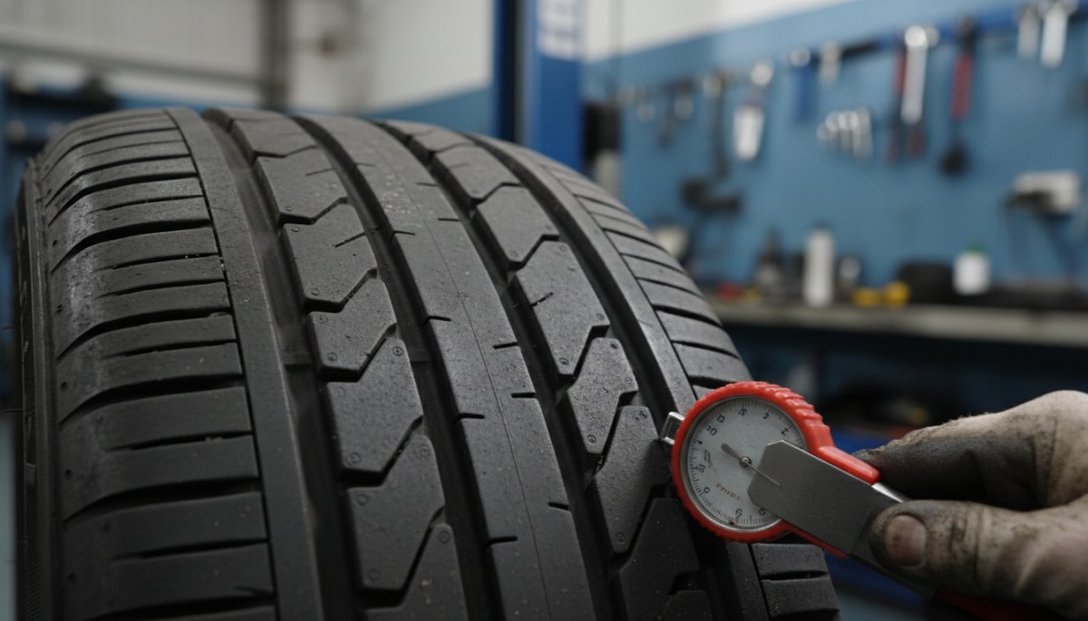 タイヤ溝深さチェックと空気圧測定