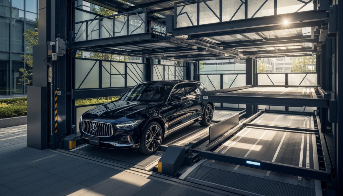 機械式駐車場に駐車される高級SUVの実写風写真