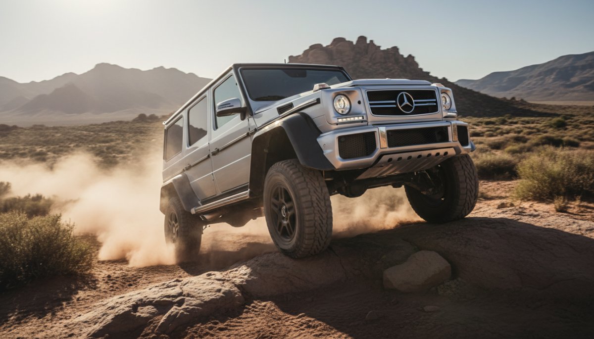 ベンツG63 4×4スクエアードの悪路走行シーンを捉えた実写風写真