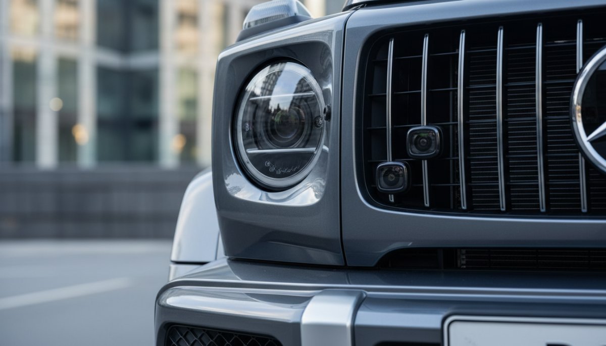 ベンツGクラスの安全装備を示す詳細な実写風写真