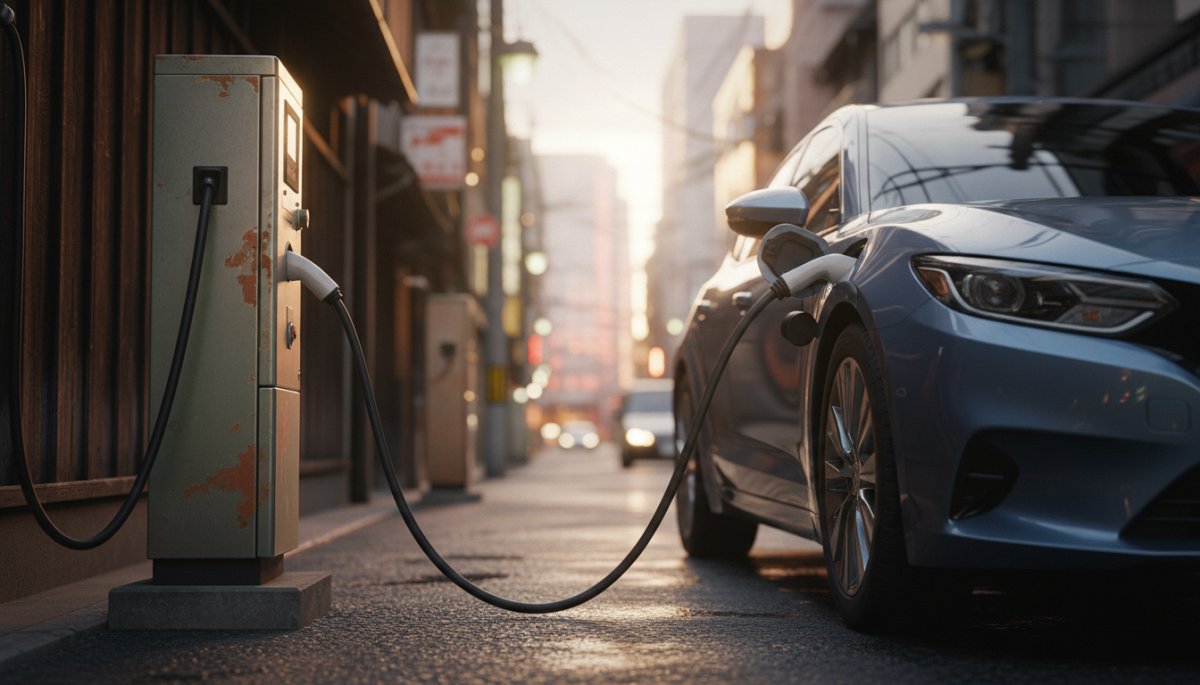 電気自動車の充電ステーションで充電中の様子