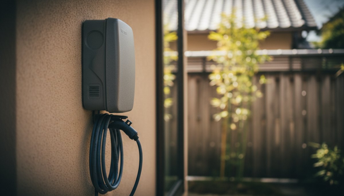 自宅の壁に設置された電気自動車用充電器