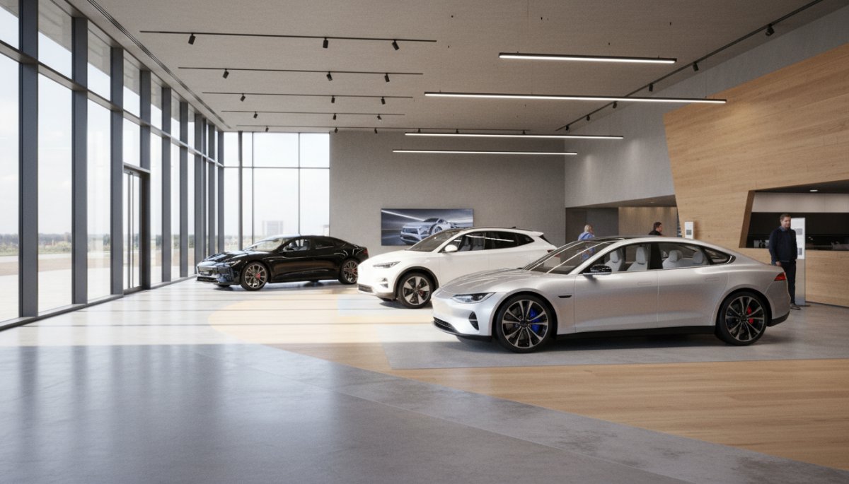 電気自動車のショールームで車を選ぶ様子