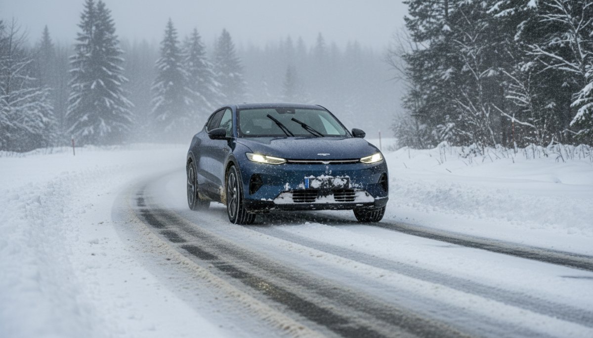 冬季の雪道を走行するEV