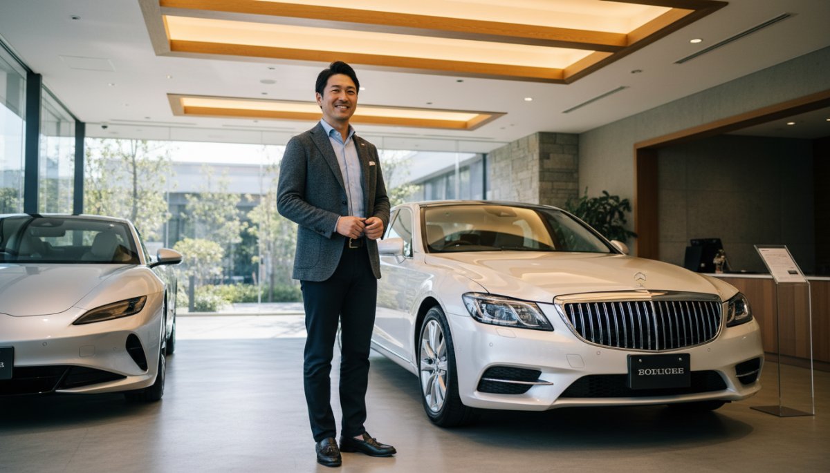 ビジネスカジュアルな服装でレクサスディーラーを訪れる顧客