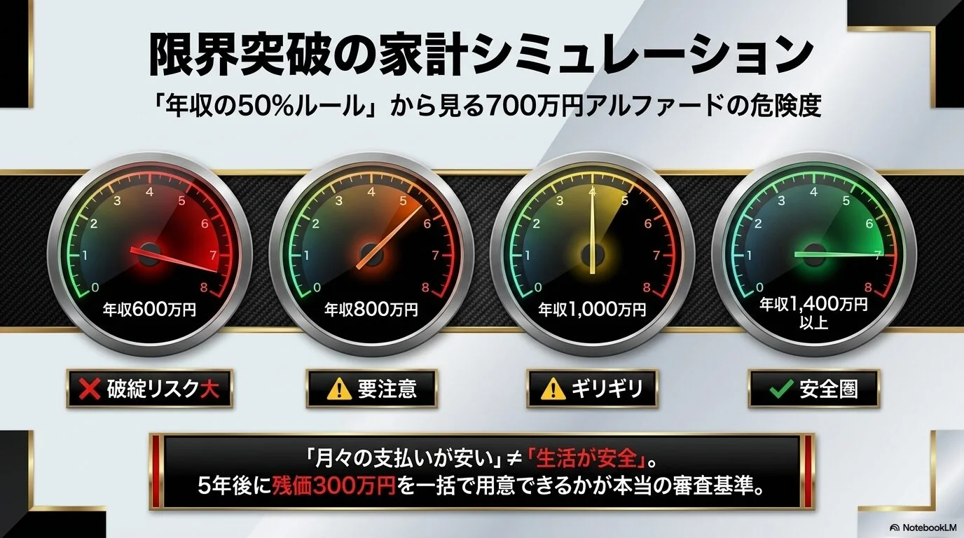 残クレアルファードは年収いくらで買える？月々の支払いシミュレーション　700万円のアルファード｜条件別シミュレーション表