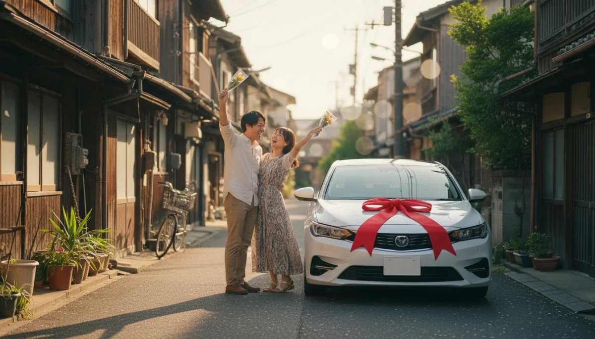 結婚記念日を祝うカップルと車