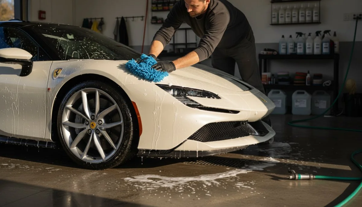 コーティング施工後のポルシェケイマンを丁寧に洗車している様子