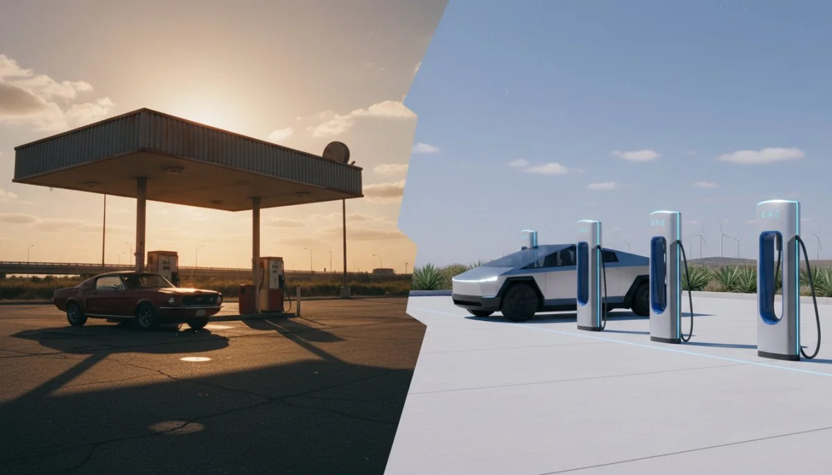 電気自動車(EV)の燃費計算方法(電費)を完全解説!ガソリン車との比較も 3 ガソリンスタンドと電気自動車充電ステーションの比較イメージ