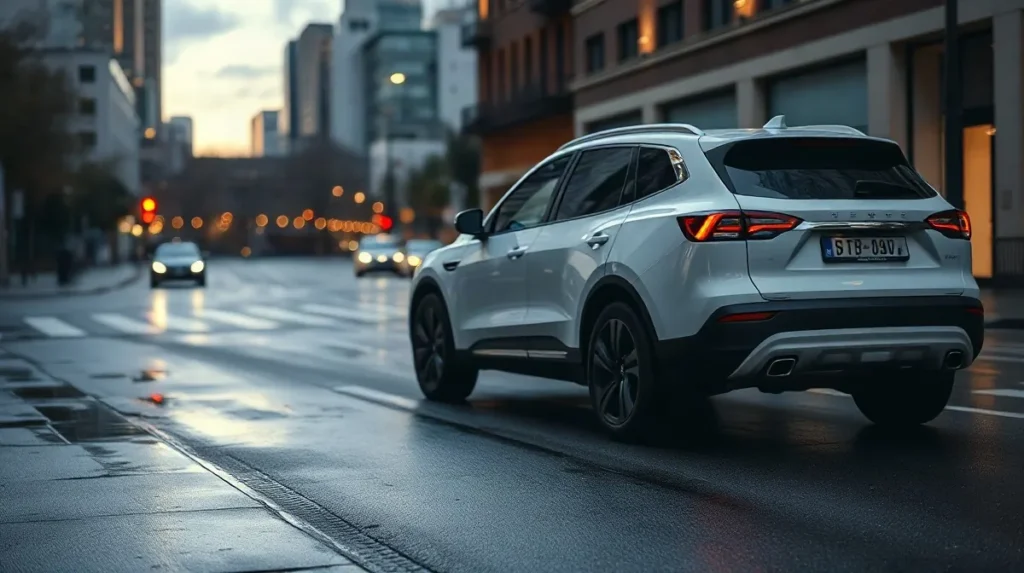 夕暮れの街を走る白い電動SUV