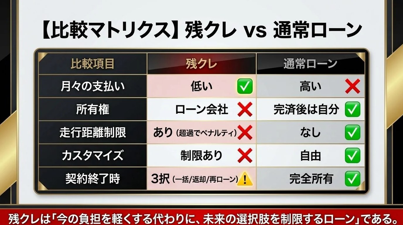 残価設定ローン（残クレ）の仕組みを完全解説　残クレ vs 通常ローン｜完全比較表