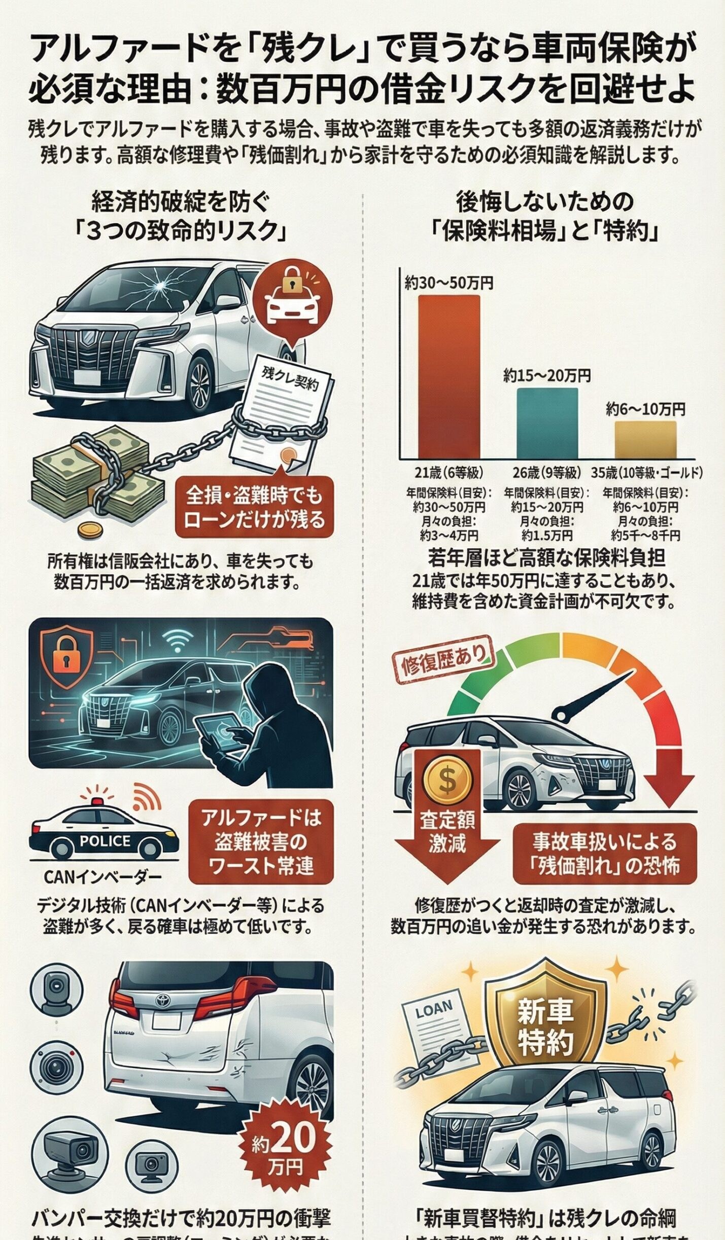 アルファード残クレで車両保険は必須?加入判断の基準と落とし穴を徹底解説 3 アルファード残クレで車両保険は必須?加入判断のポイントと注意点